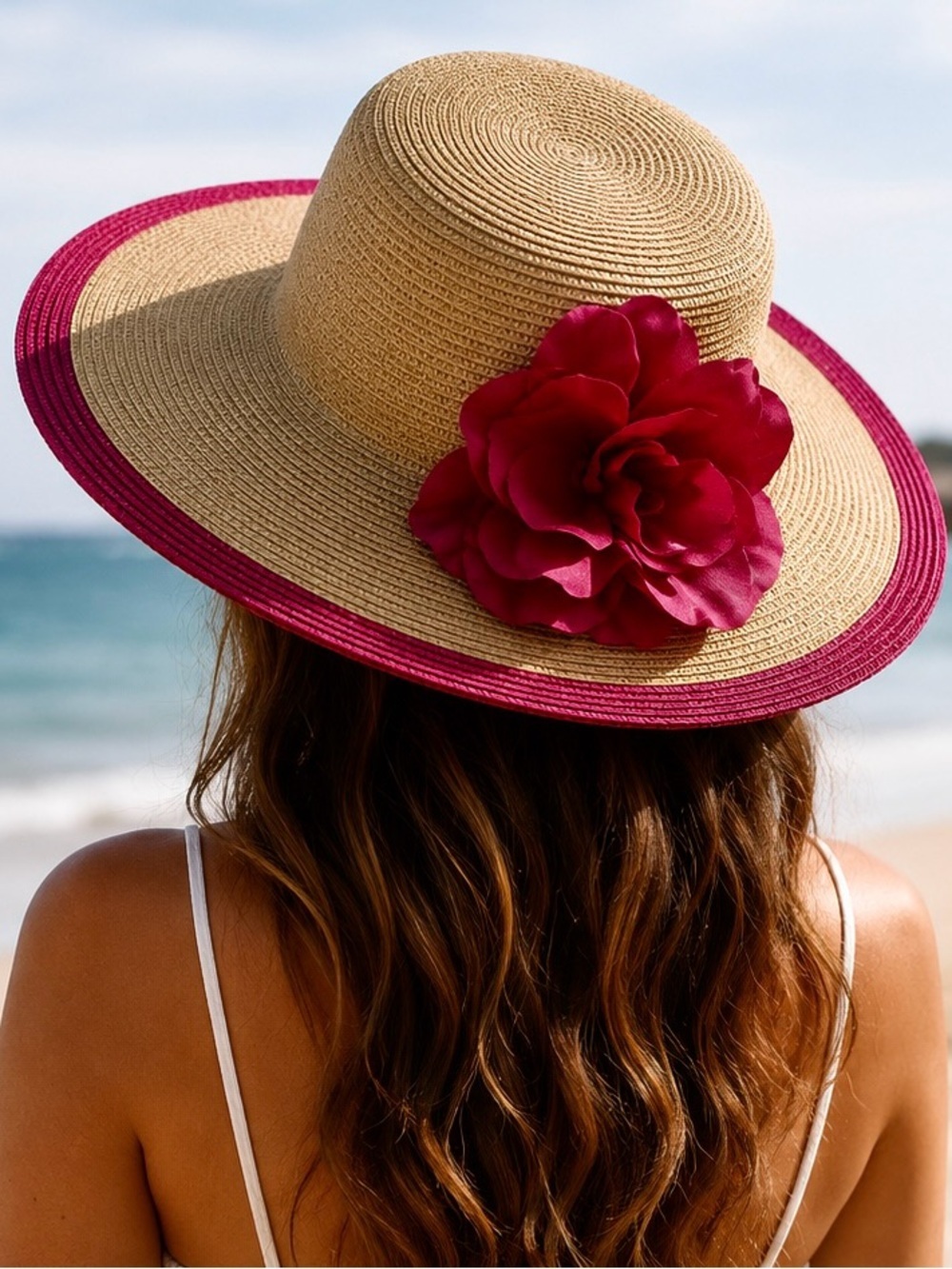 Croft & Barrow Wide Brim Straw Hat Pink Trim Floral Derby Beach Sun Hat